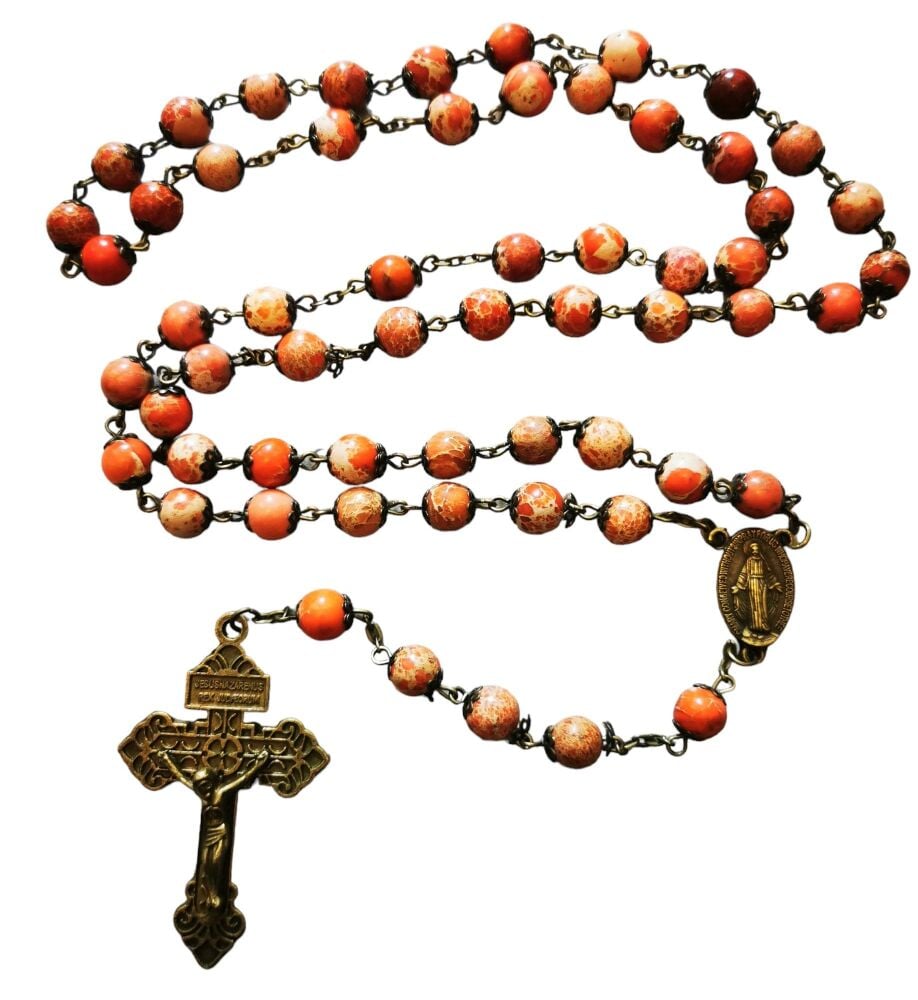 Orange stone rosary beads emperor gemstone bronze metal large long 8mm bead