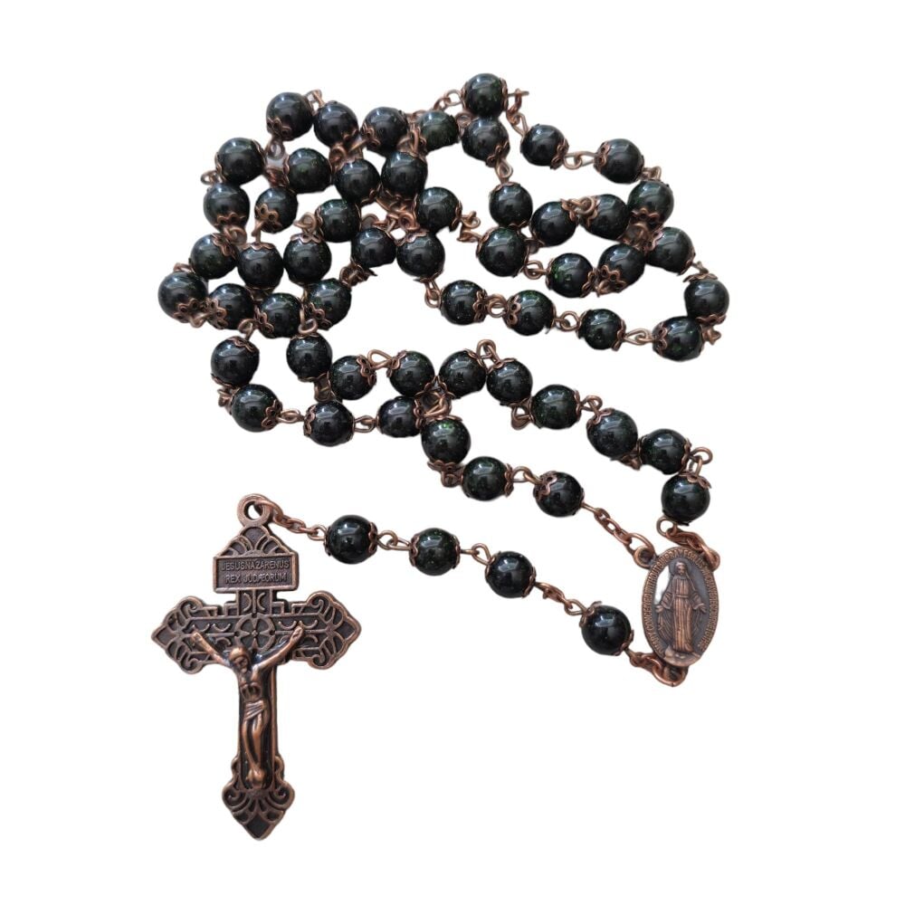 Black stardust agate rosary beads gemstone bronze metal large long 8mm bead