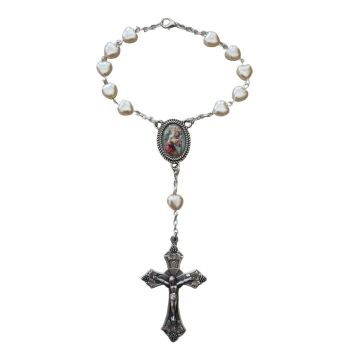 White heart car rosary beads decade resin St. Christopher junction Catholic