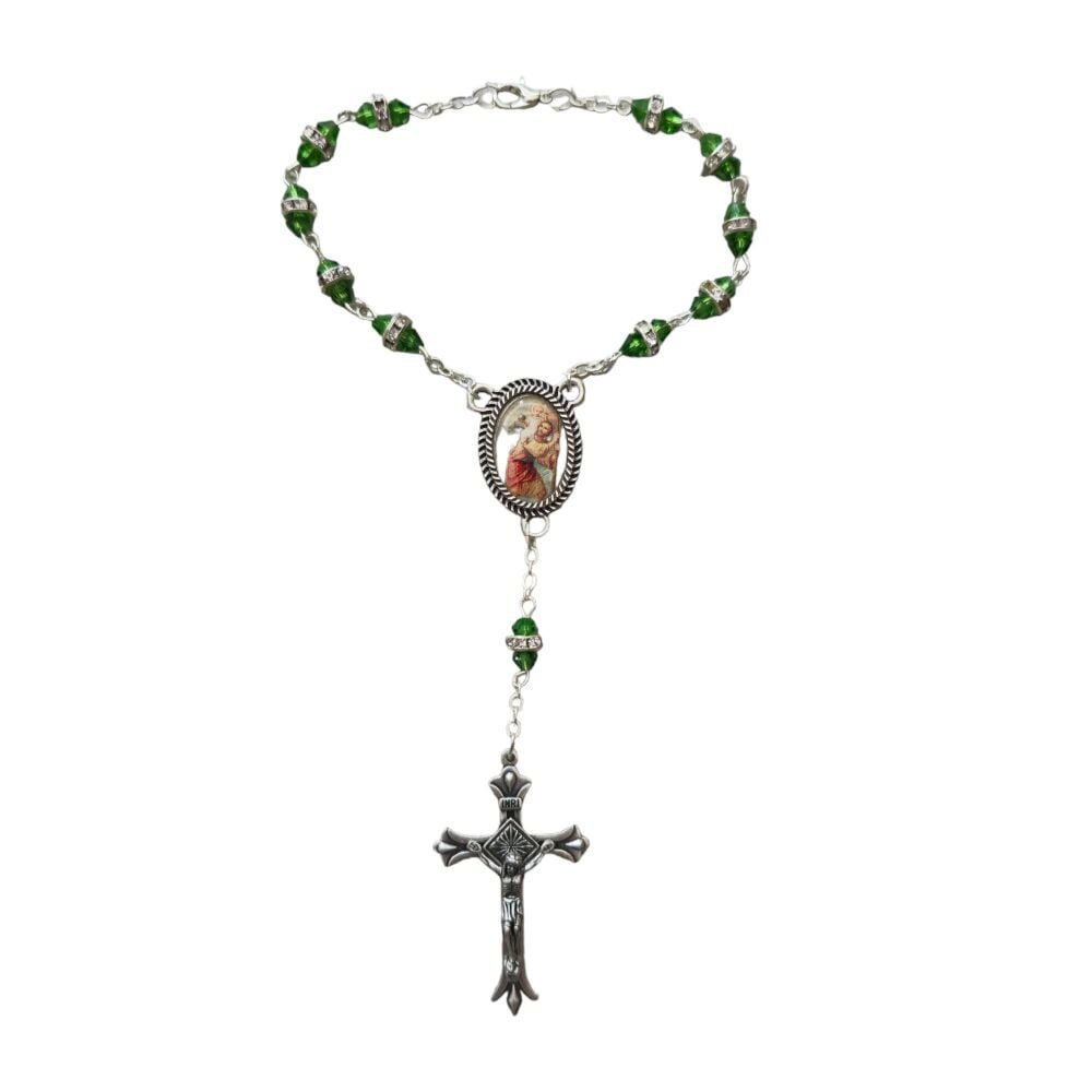 Green glass car rosary beads decade St. Christopher junction Catholic