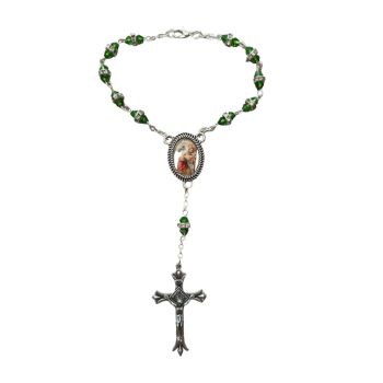 Green glass car rosary beads decade St. Christopher junction Catholic