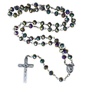 Green purple glass rosary beads iridescent facteted on silver chain cross
