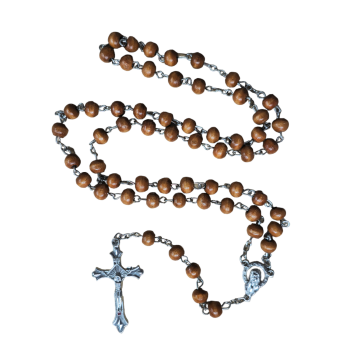 Saint Theresa brown wood rosary beads and prayer card