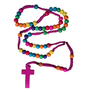 Colourful rosary beads pink cord Catholic wood 8mm beads