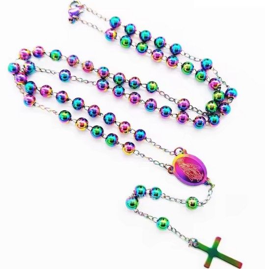 Small petrol effect multicolour metal rosary beads Miraculous centre