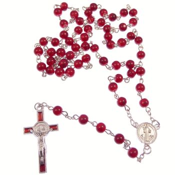 Round red St. Benedict cross rosary beads silver chain 50cm length necklace