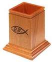Christian desktop gift Jesus fish wooden pen pot