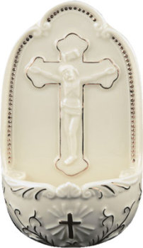 Porcelain white crucifix small Holy water font 5"
