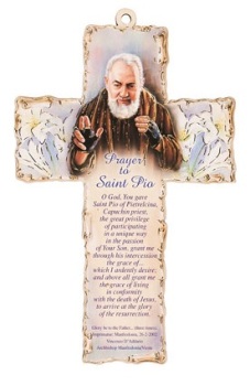 St. Padre Pio 15cm wood cross hanging