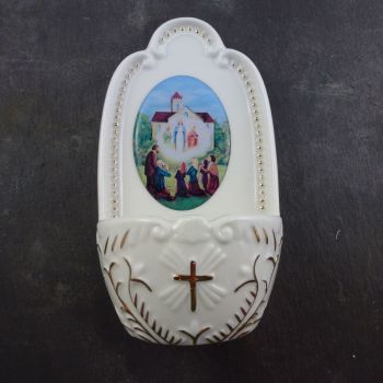 Porcelain Our Lady of Knock small Holy water font 5"