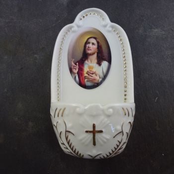 Porcelain Sacred Heart Jesus small Holy water font 5"