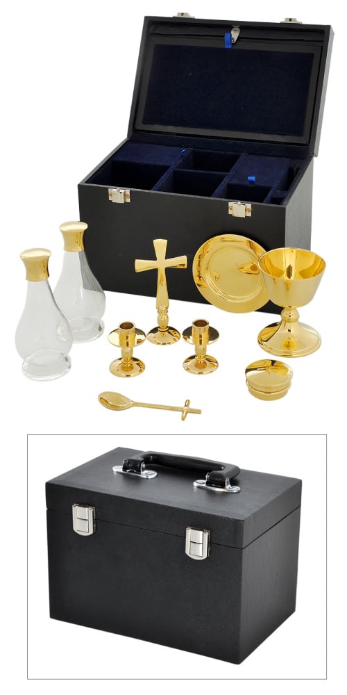 9 piece brass Communion set in box Chalice Paten Glass Cruet + pyx cup cros