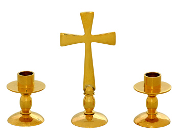Small Solid polished brass altar set 2 candlestick & 10cm cross church