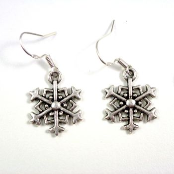 Christmas 2cm snowflake dangly drop earrings sterling silver hooks