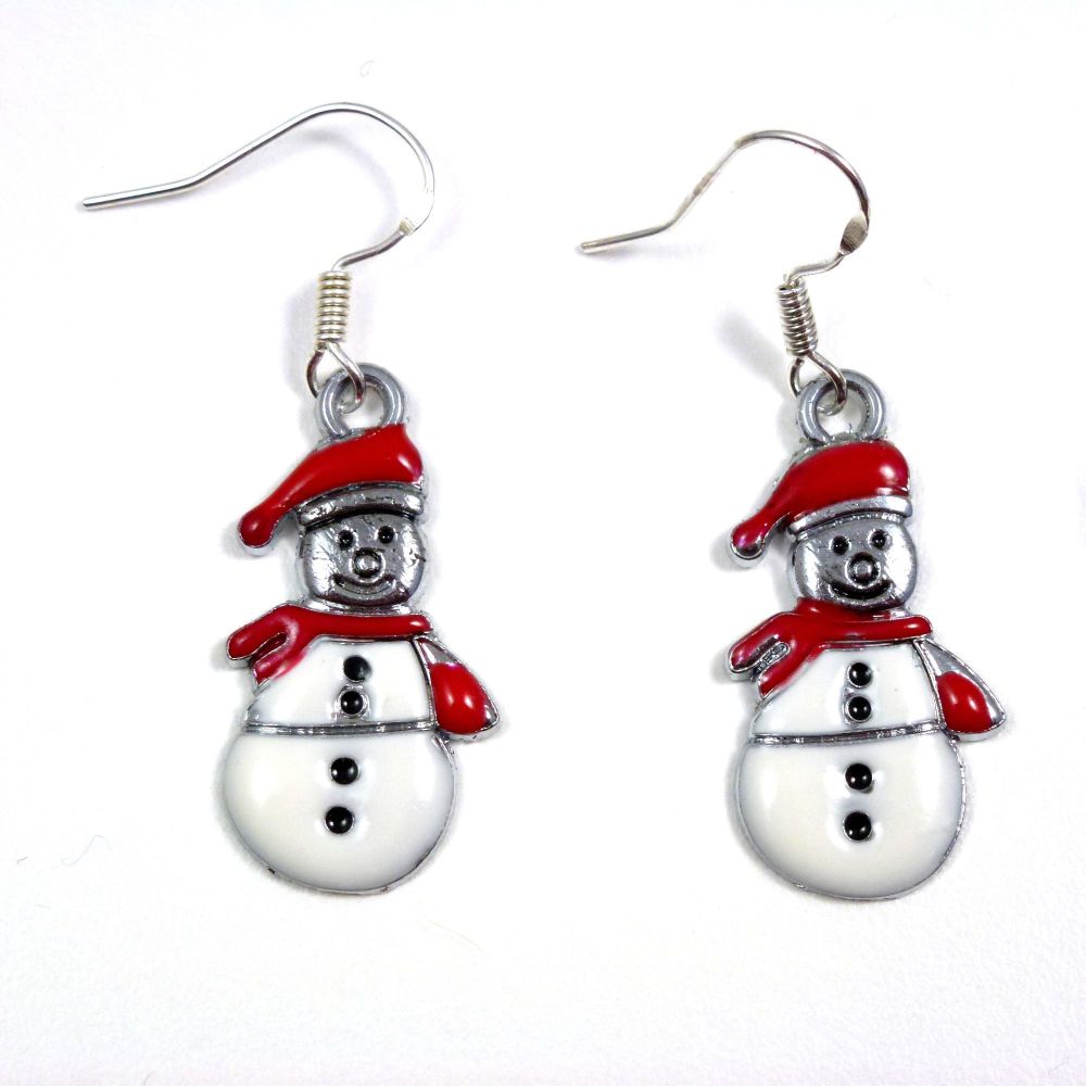 Christmas 2.5cm red white snowman dangly earrings sterling silver hooks