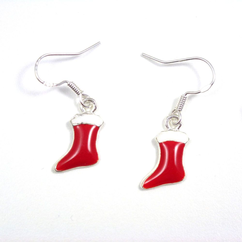 Christmas 2cm red stocking dangly drop earrings sterling silver hooks