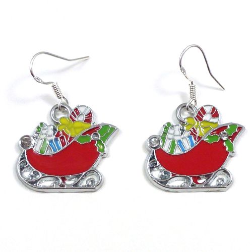 Christmas 2cm red Santa's sleigh dangly earrings sterling silver hooks