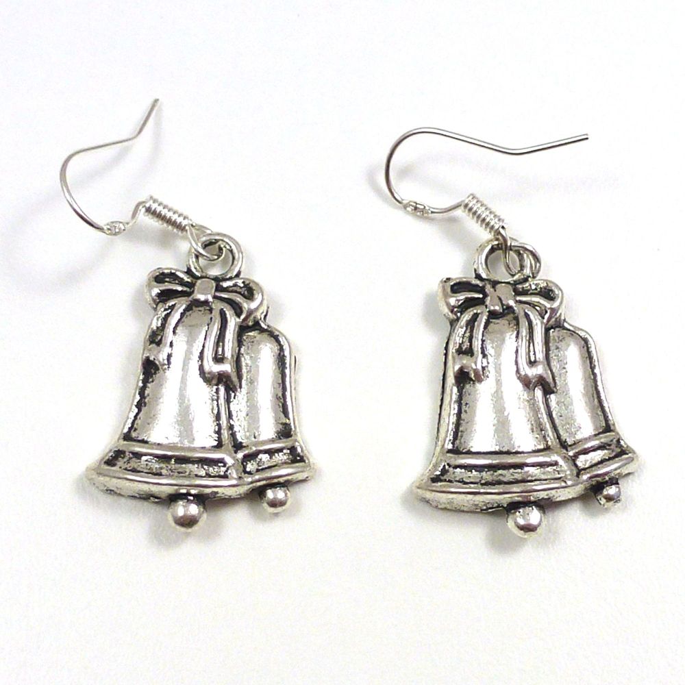 Christmas 2.5cm bells ribbon dangly earrings sterling silver hooks