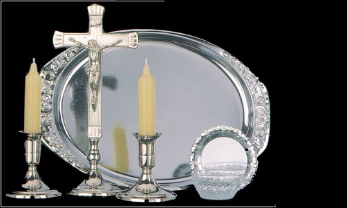 Sick call set 6 piece with crucifix tray + candles silver colour