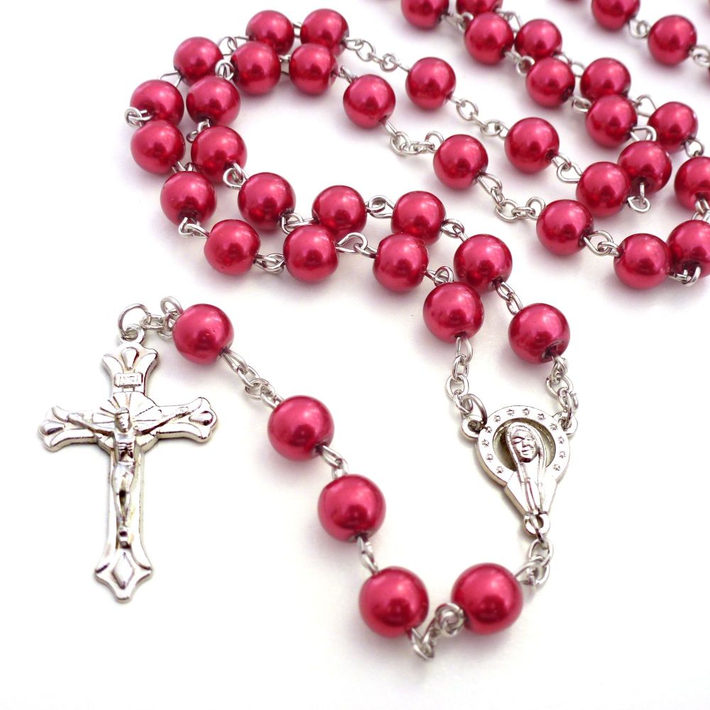 Long red metal long Catholic rosary beads with Our Lady center