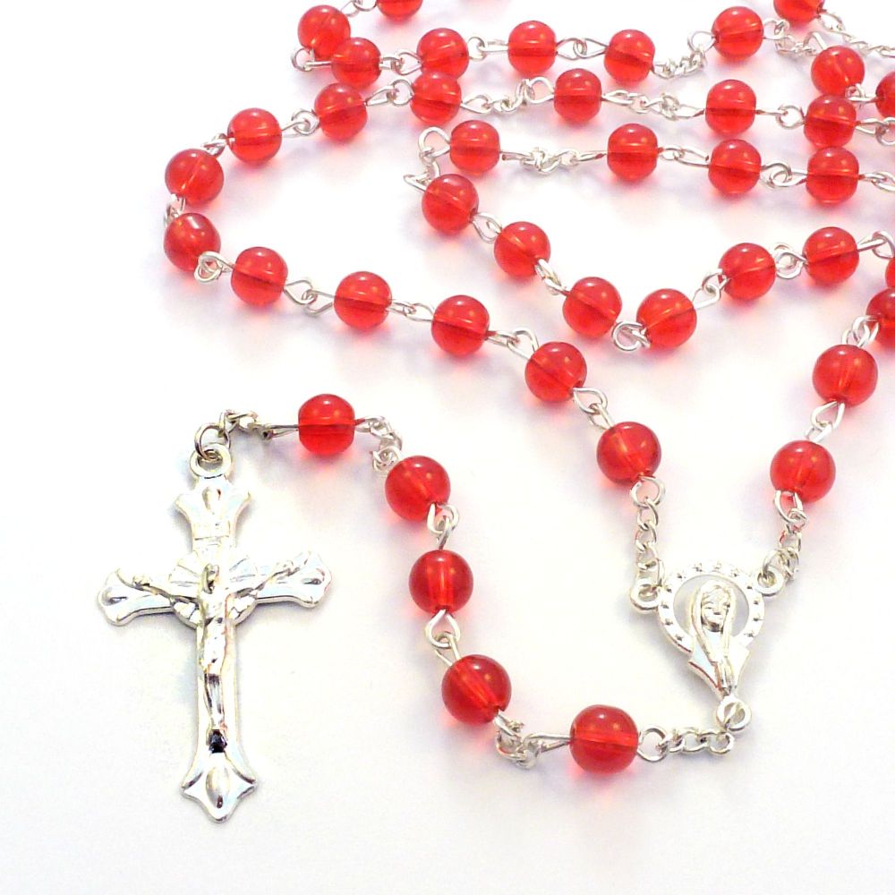 Deep red Catholic rosary beads Our Lady center
