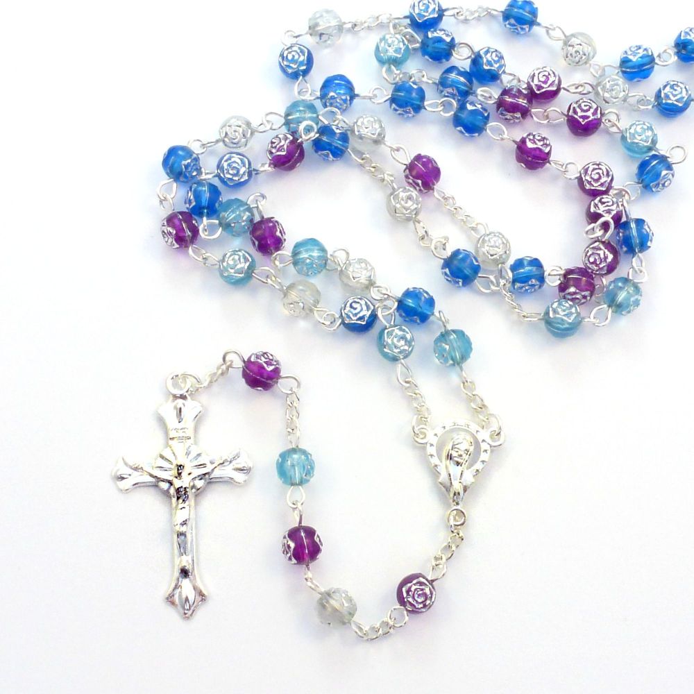Purple blue rose flower plastic rosary beads necklace 56cm length silver ce