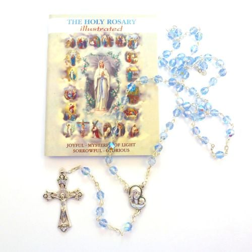 Glass faceted iridescent blue rosary beads holy mysteries rosary booklet gi