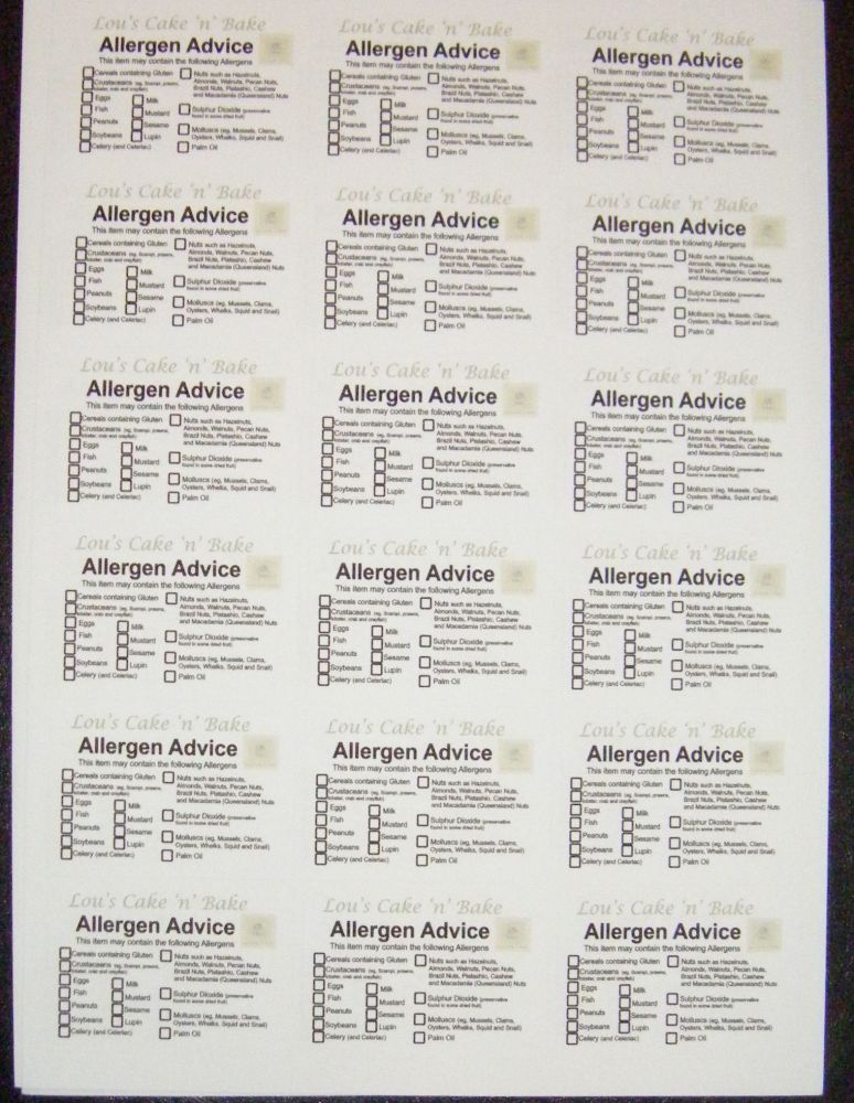 A4 Sheet of Allergen Stickers for Bakers - 18 