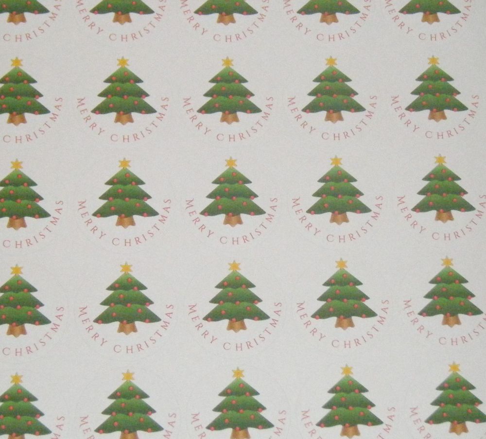 Sheet of Round Merry Christmas Xmas Tree Stickers A4 