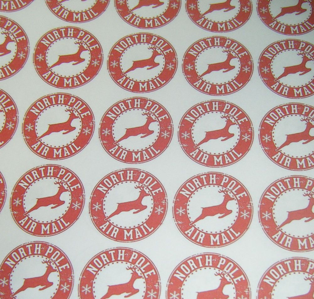 Sheet of Round Airmail Red Reindeer Stickers A4 