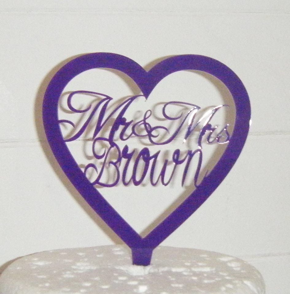 Mrs + Mr Name Heart Cake Topper 2