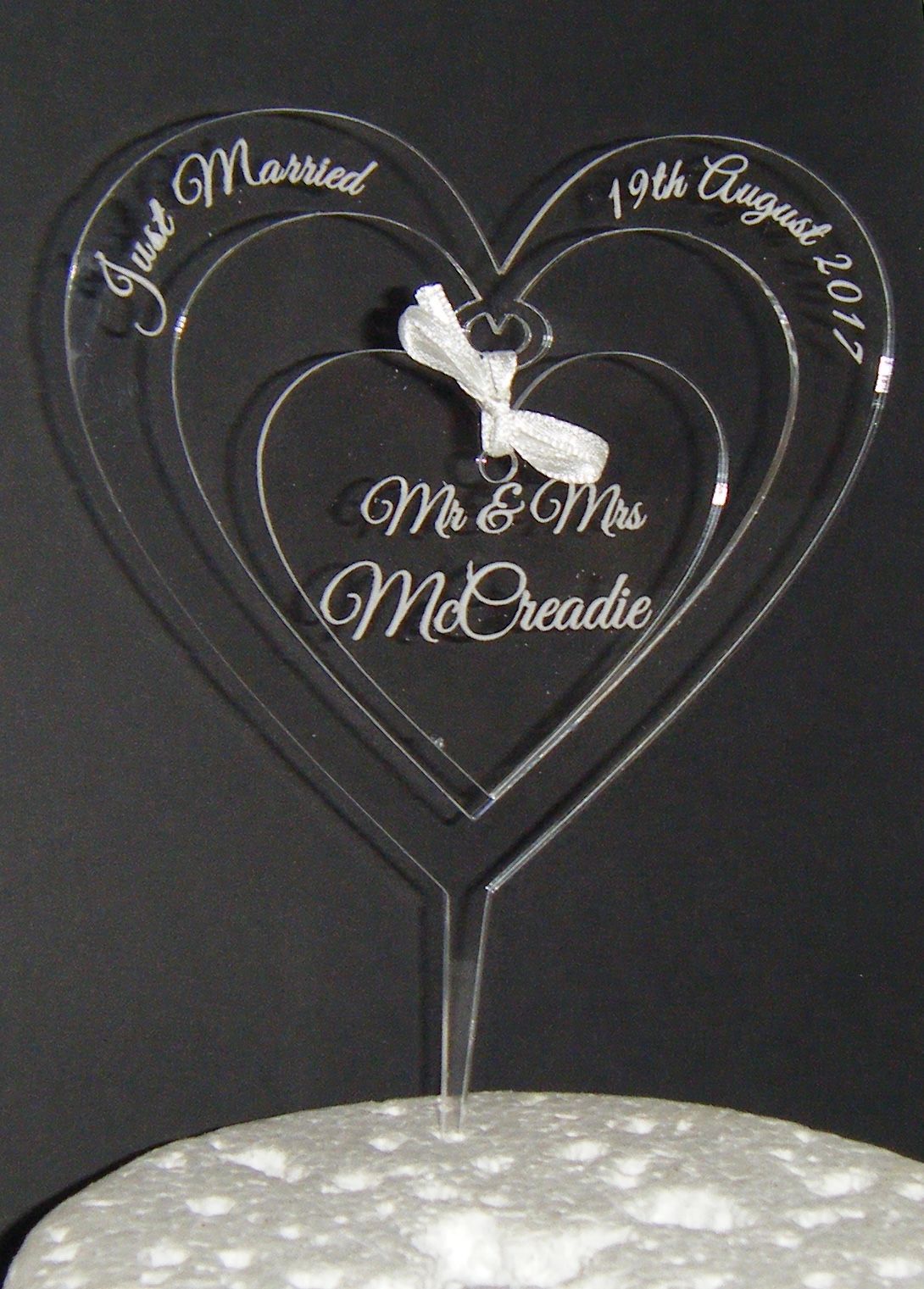 Mrs + Mr Name CLEAR ENGRAVED Heart Cake Topper