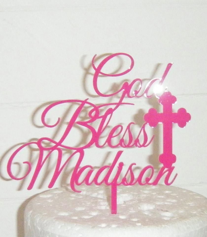 God Bless custom name Cake topper with cross