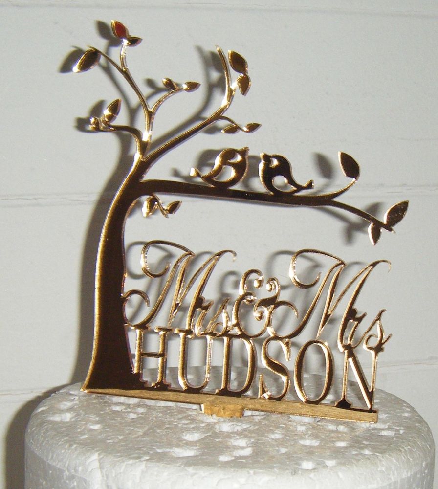 Wedding Tree silhouette love birds Name custom Cake Topper