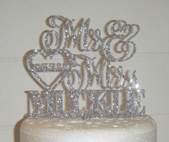 Mr + Mrs Name with date in heart Cake Topper 2