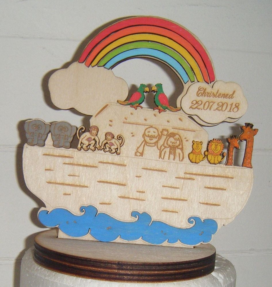 Wooden Painted Noah's arc Christening/new baby Cake topper/Gift