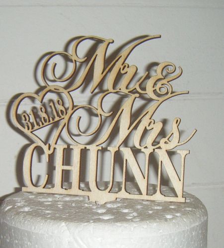Mr + Mrs Name with date in heart Cake Topper 2