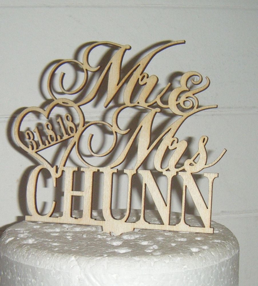 Mr + Mrs Name with date in heart Cake Topper 2