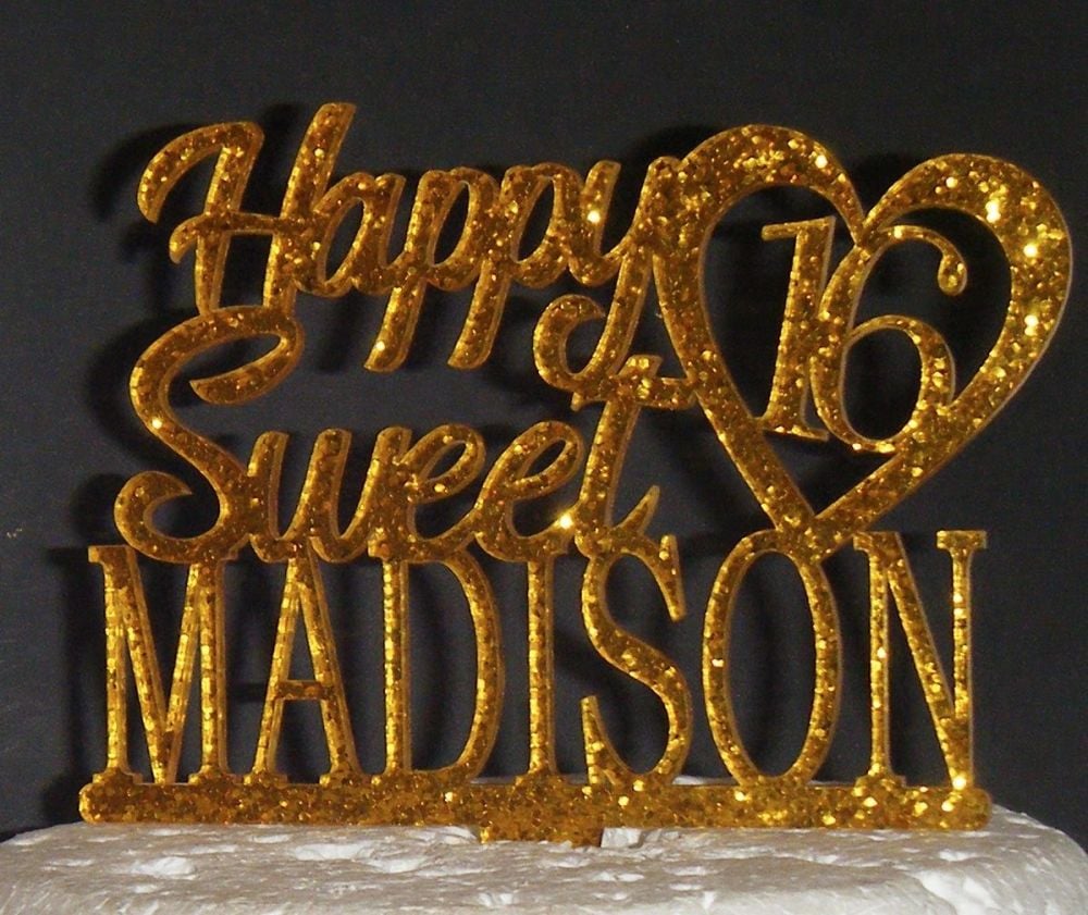 Happy Sweet 16 Custom Name with Heart Cake Topper