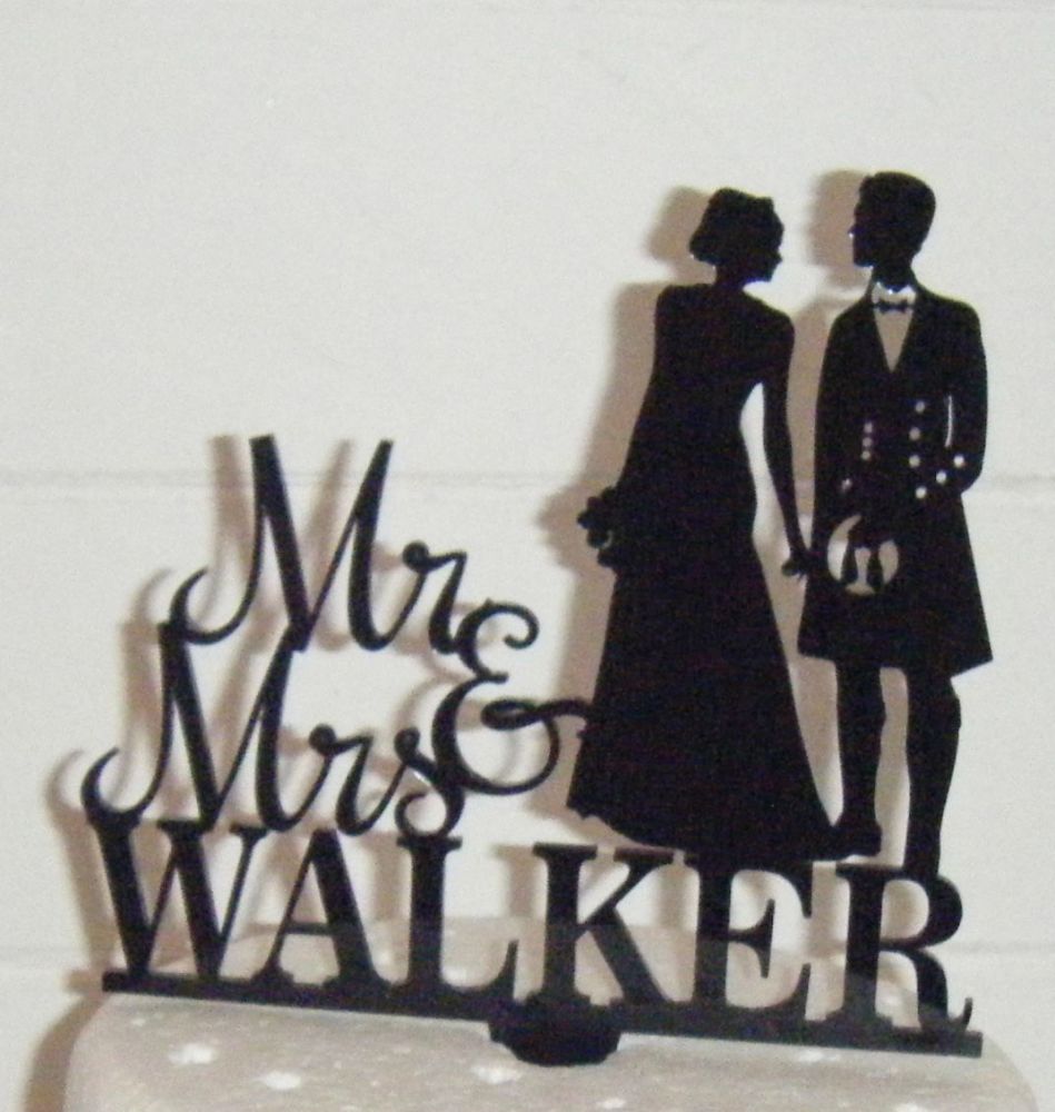 Mr + Mrs Wedding couple silhouette custom Cake Topper Man in Kilt