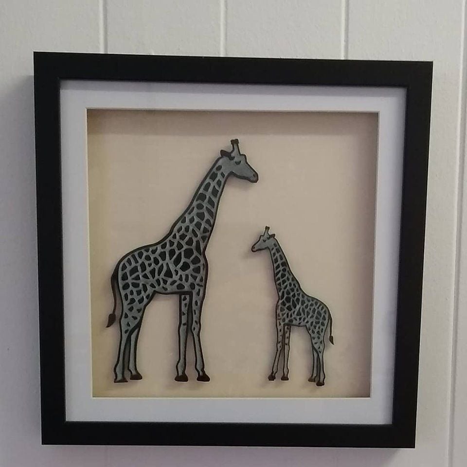 Black Adult And Baby Giraffe - Framed Acrylic Picture