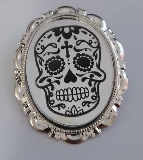 Silver Mirror Sugar Skulls Brooch