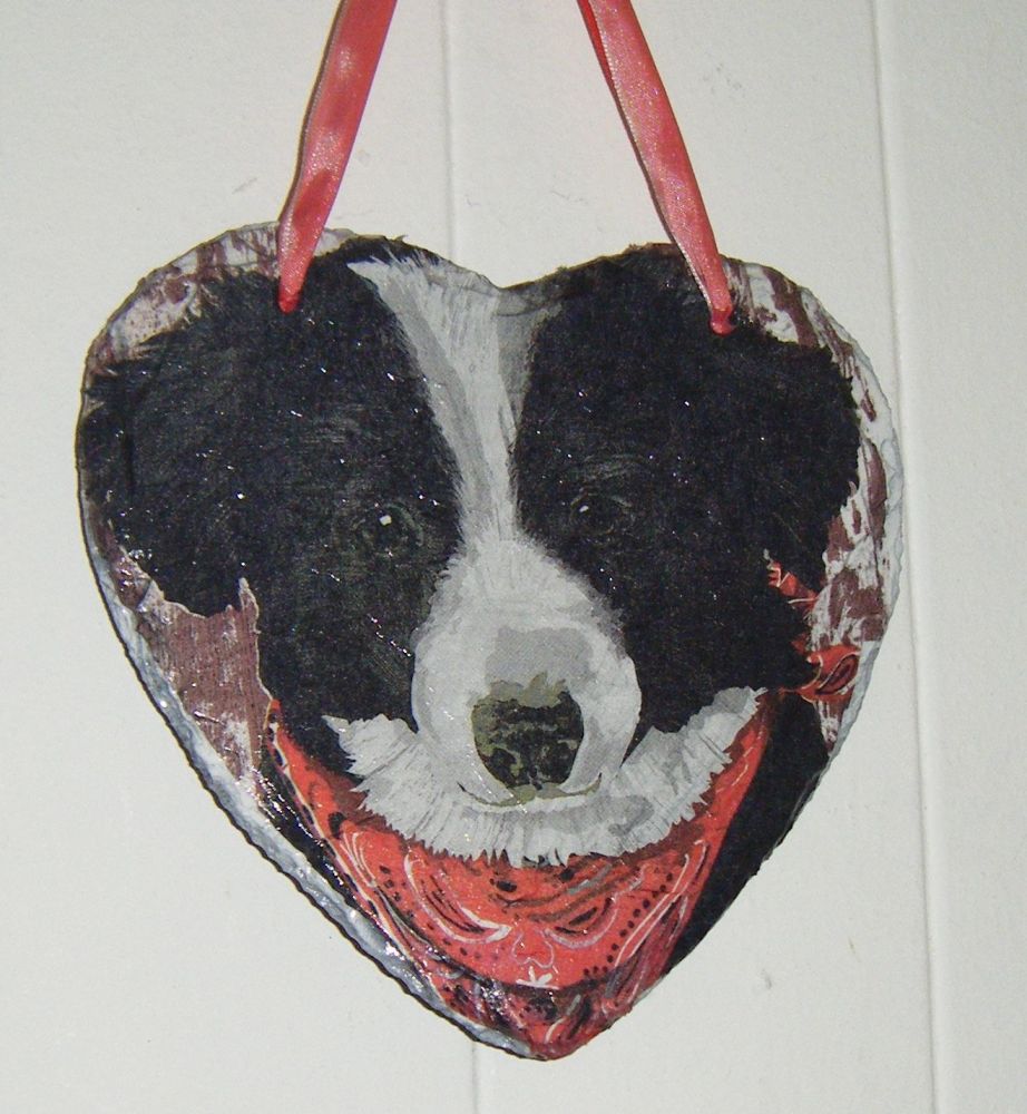 Decoupage Slate Hanging Heart - Border Collie Dog Design