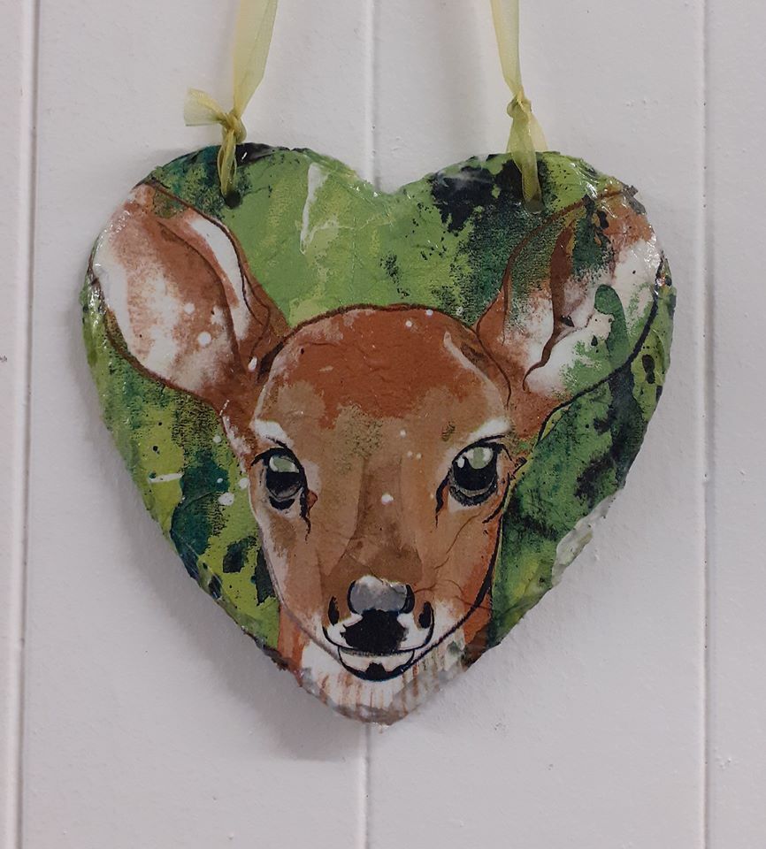 Decoupage Slate Hanging Heart - Deer Design
