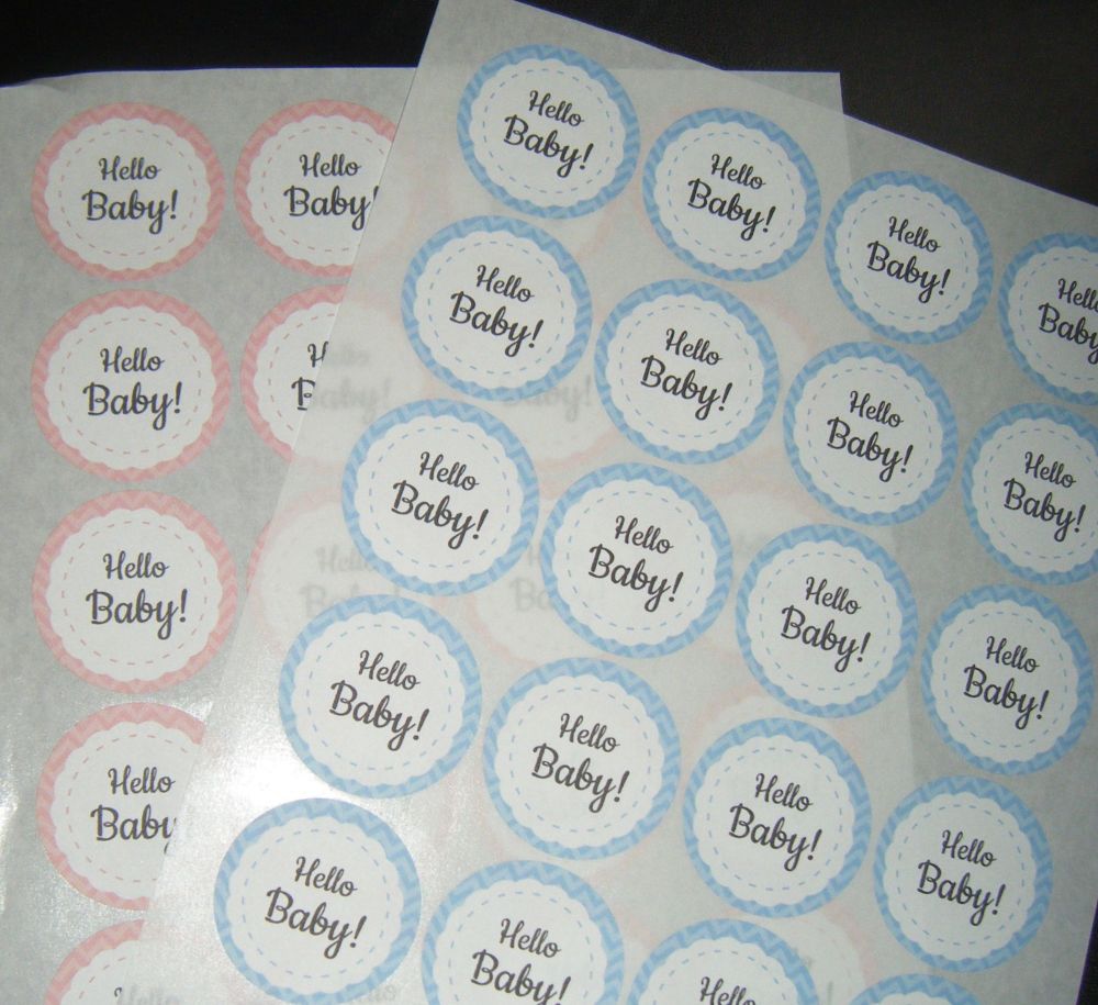 A4 24 Per Sheet Sheet of Hello Baby Stickers - Pink or Blue