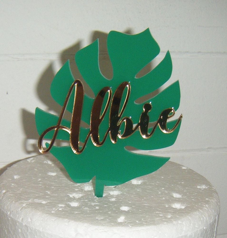 Custom Word Name On Tropical Leaf Cake Topper or Cake Embellishement