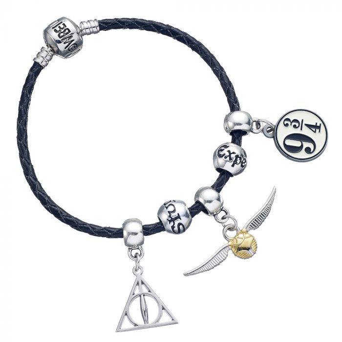 Harry Potter - Black Leather Bracelet With 2 Spell Beads + Charms Shown