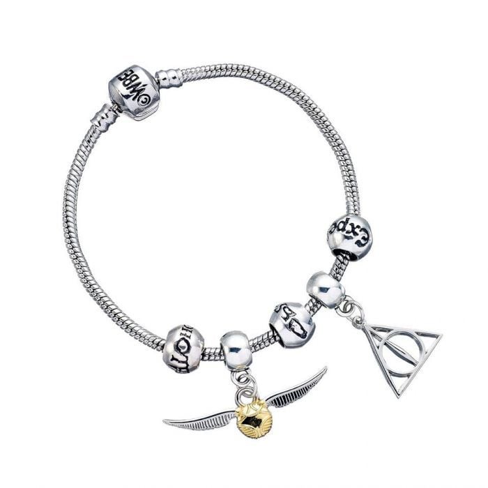 Harry Potter - Silver Bracelet With 3 Spell Beads + 2 Charms Shown