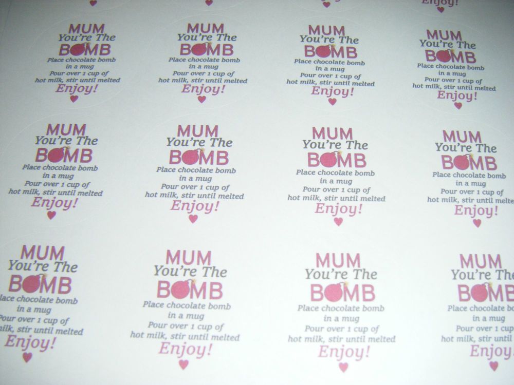 A4 24 Per Sheet Sheet of Mum Hot Chocolate Bomb Stickers 