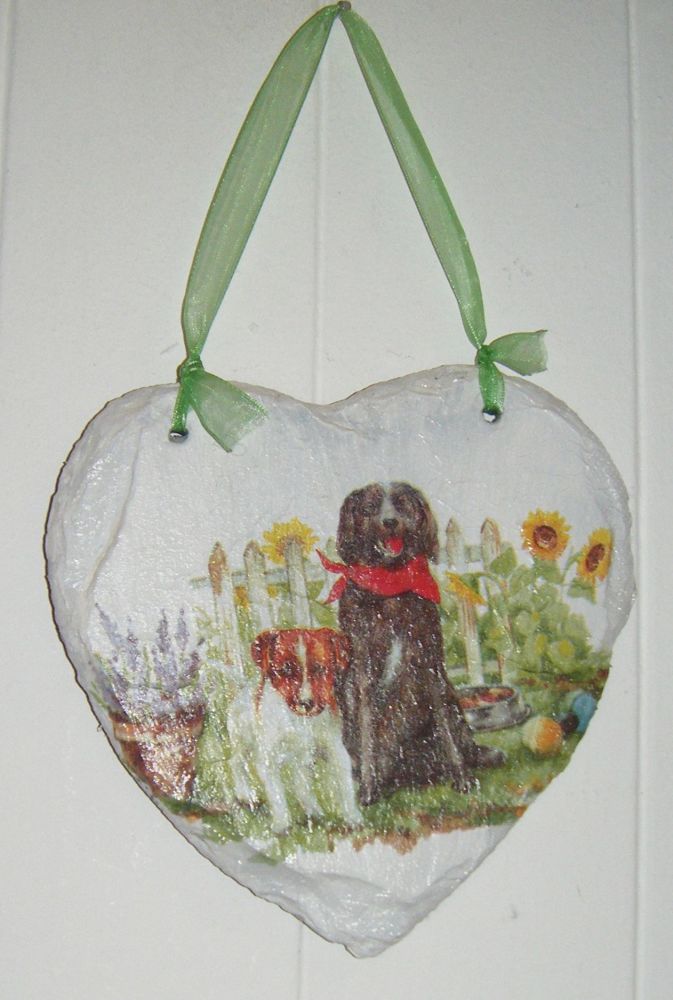 Decoupage Slate Hanging Heart - Mixed Dog Design 2